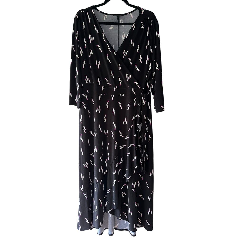 Lane Bryant Dress Women’s Size 14/16 Black Lip Stick Print Faux Wrap Hi Lo Maxi